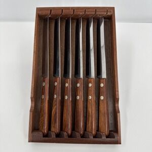 Robinson Hollow Ground Stainless‎ Steel Steak Knives Set of 6 Wood Storage Tray